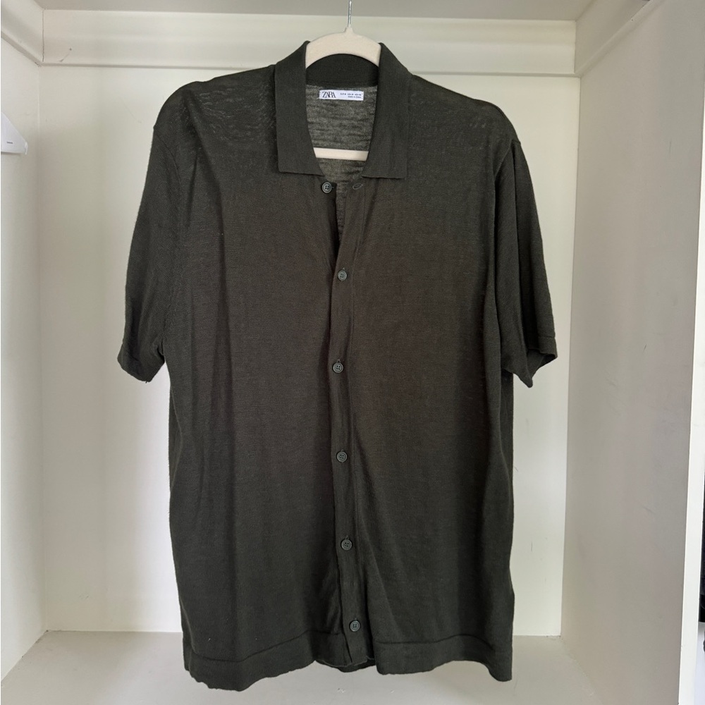 Zara Green Knit Polo Button Up Size Medium